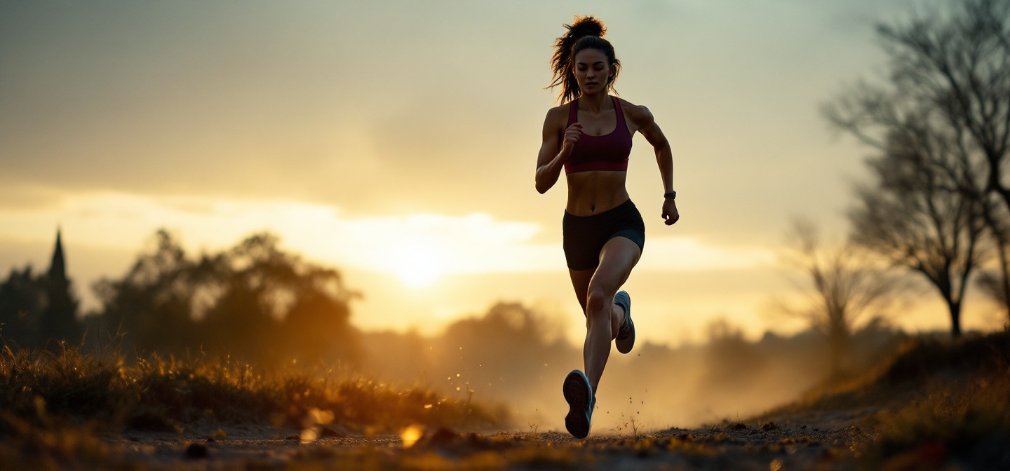 Athlete mid-stride at dawn, warm rim light against a near-black backdrop