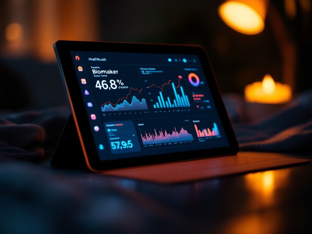 Health dashboard glowing on a tablet screen in a dim room
