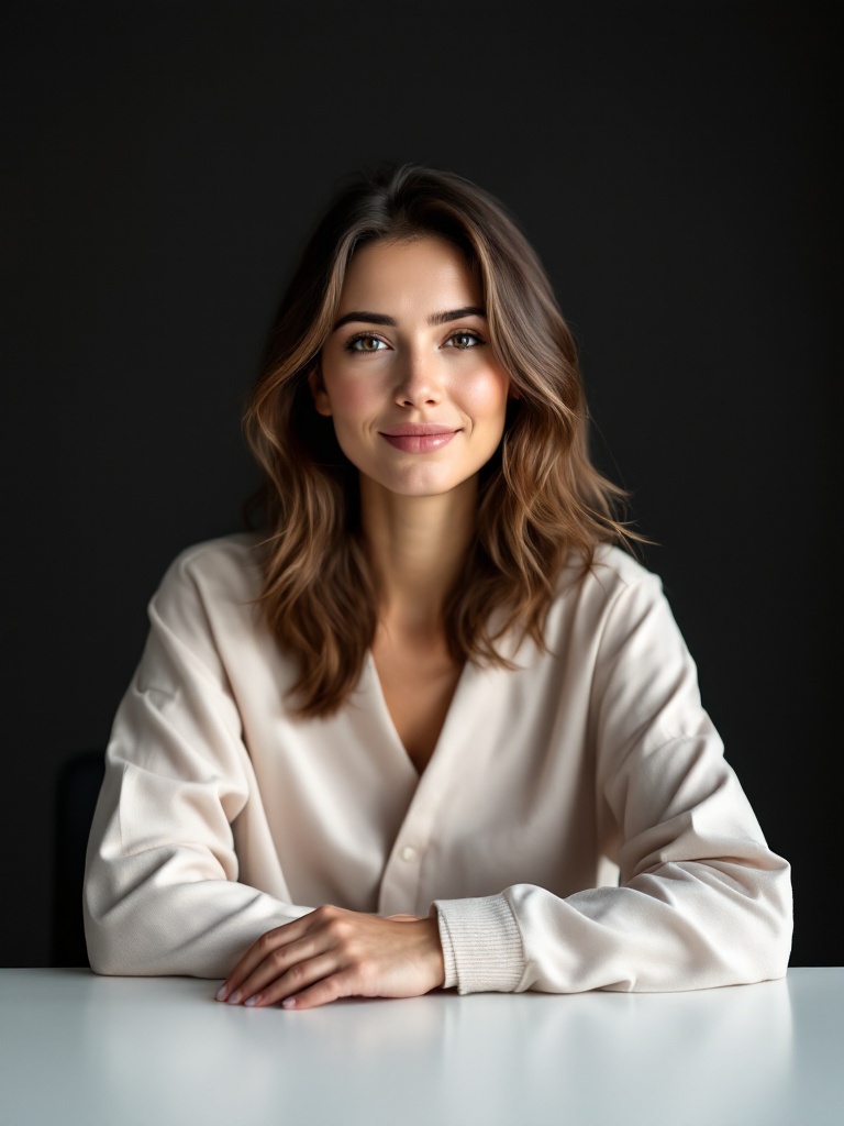 Clinician seated at a minimalist desk in soft warm light