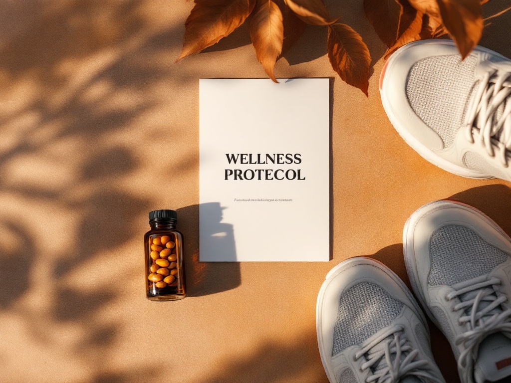 Overhead flat-lay of a printed wellness protocol card, supplements, and running shoes