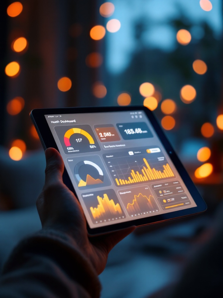 Hand holding a tablet with a glowing health dashboard, dusk interior